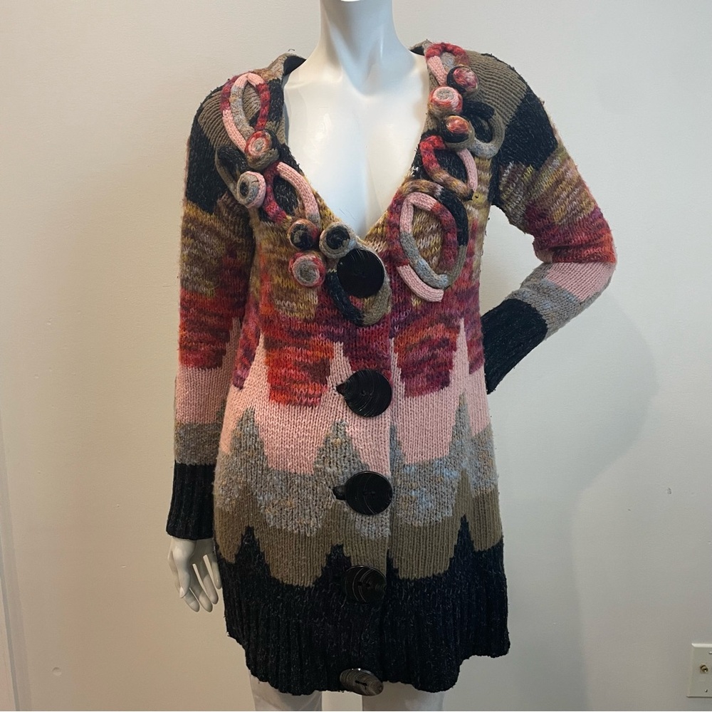 ANTHROPOLOGIE Sleeping On Snow Multicolor Appliqué Jumbo Button Cardigan Sweater